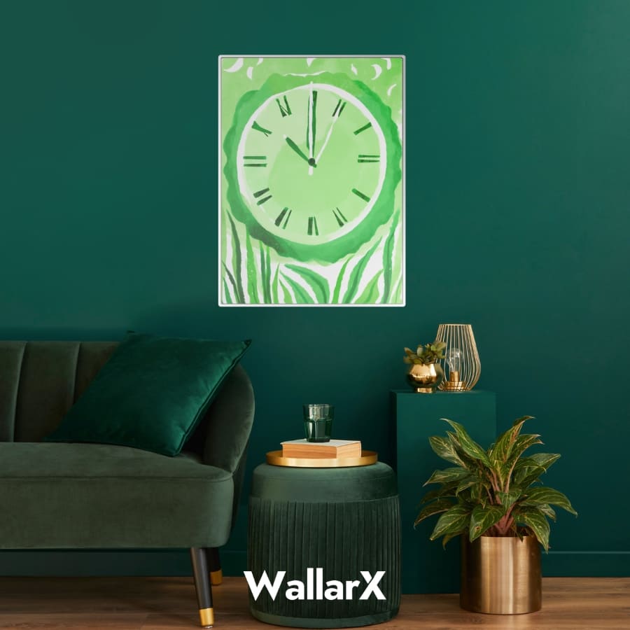 Green clock metal poster hanging on the wall, with sofa in front of them