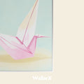 Metal poster design of background Light green, yellow and pink with a pink paper crane on it.