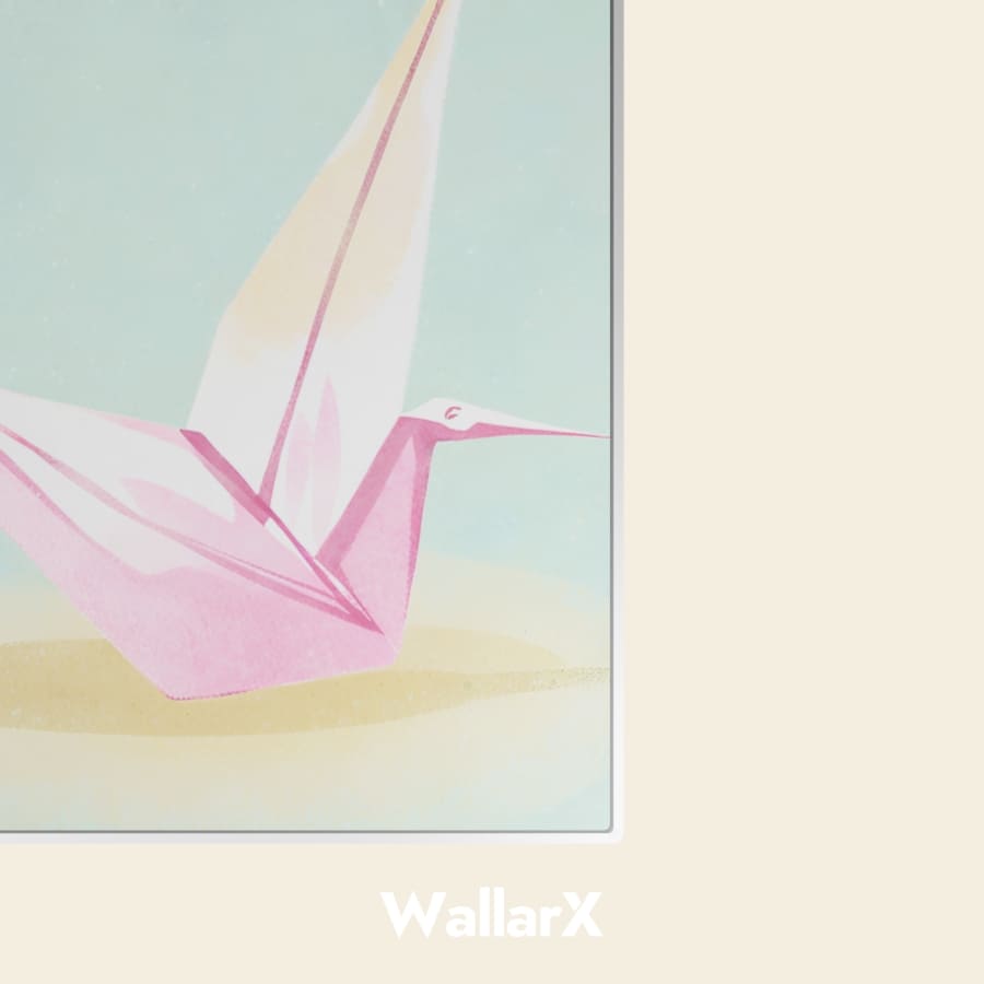 Metal poster design of background Light green, yellow and pink with a pink paper crane on it.