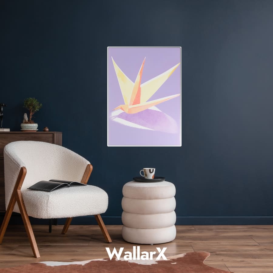 Light purple paper crane poster sticked to the blue wall