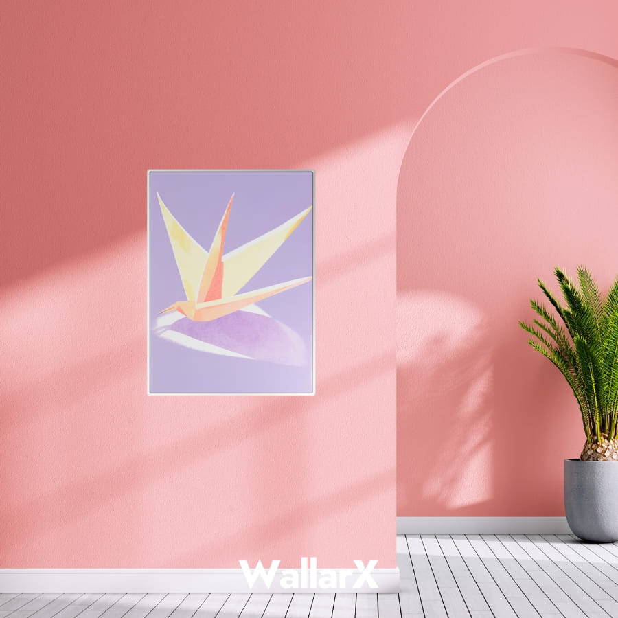 Paper crane poster sticked onto the pink wall