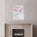 Wall poster of 2 paper cranes on rainbow color background haing on the wall