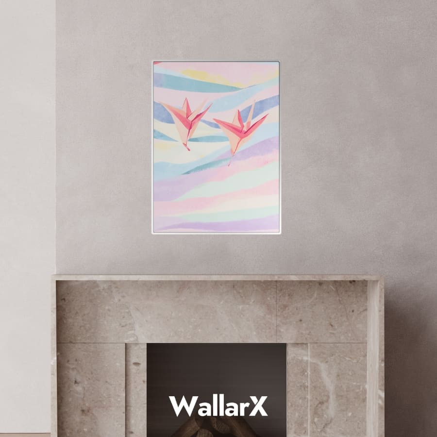 Wall poster of 2 paper cranes on rainbow color background haing on the wall