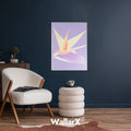 Light purple paper crane poster sticked to the blue wall