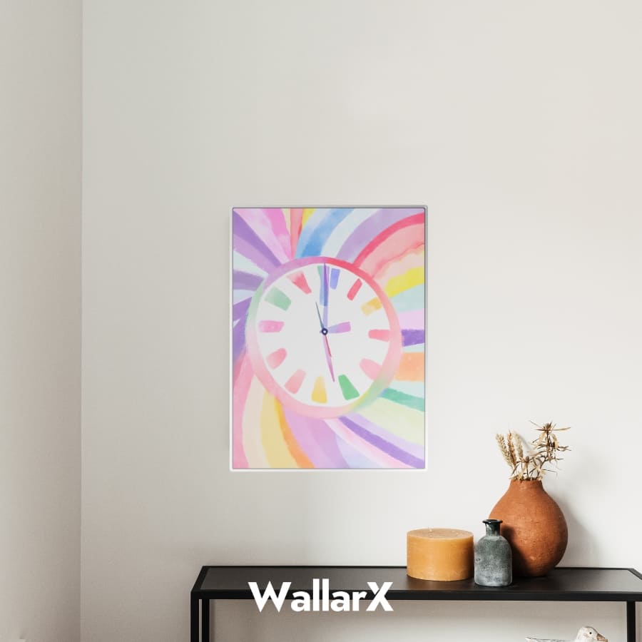 a metal poster hanging on the wall, the poster is of rainbow colorful clock design