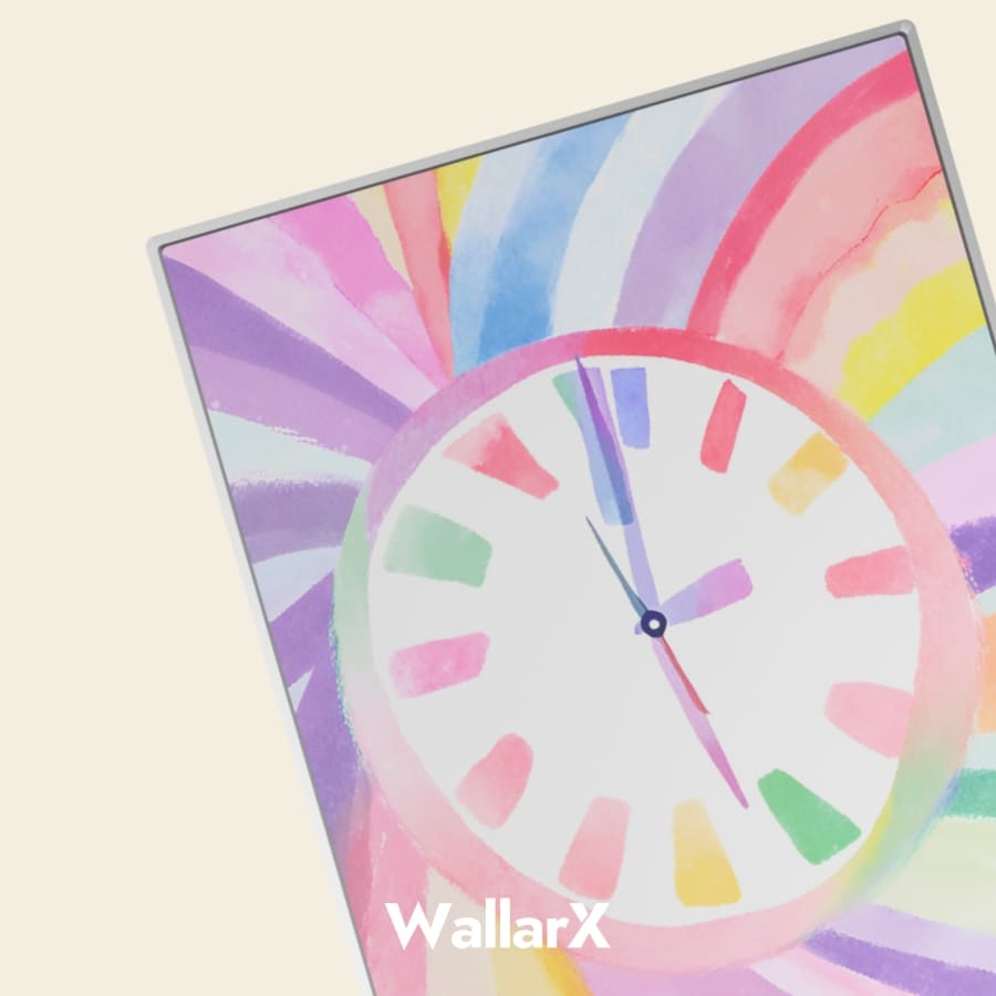 Product view of rainbow color clock drawing